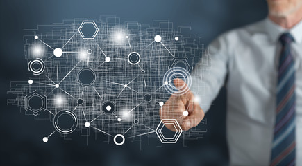 Man touching a virtual network