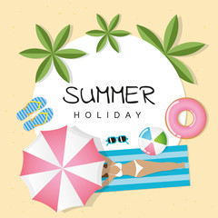 summer holiday on the beach with sunglasses ball palm girl is lying under an umbrella vector illustration EPS10