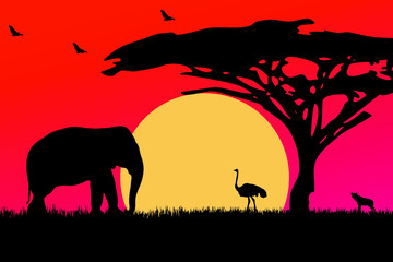 Landscape of African savannah. Animals in wild nature. 