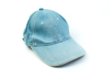 Jeans cap ,blue denim hat on a white background.
