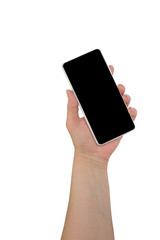 hand holding black phone isolated on white clipping path inside.