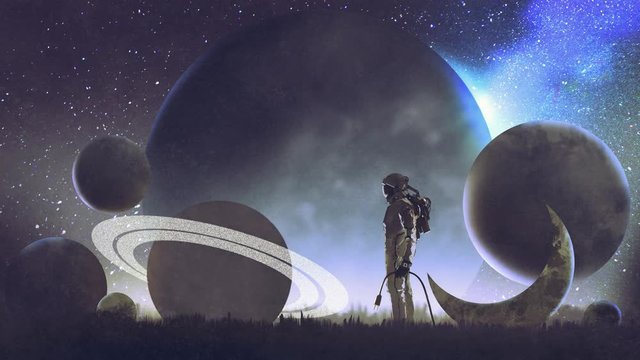 the astronaut holding a plug against glowing planets, cinemagraph-painting