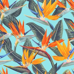 Keuken foto achterwand Tropische bloemen , Naadloos patroon met tropische bloemen en bladeren van Strelitzia Reginae. Realistische stijl, met de hand getekend, vector, felle kleuren. Achtergrond voor prints, stof, wallpapers, inpakpapier.