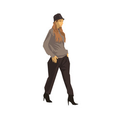 Young woman walking, isolated geometric flat design illustration, side view