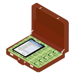 Brown briefcase, diplomat with million dollars and invoice document