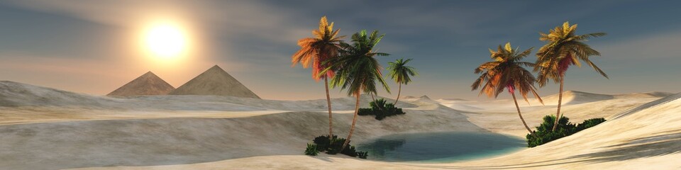 Naklejka na ściany i meble Oasis in the sand desert with palm trees at sunset, 3d rendering
