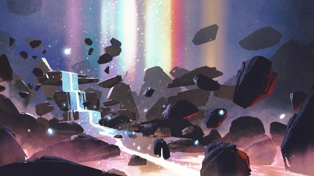 fantasy land with waterfall and floating rocks, motion painting