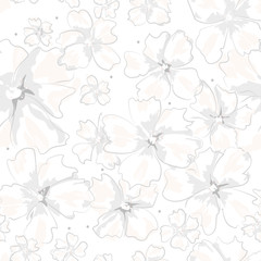 Floral vector seamless pattern. Abstract different size white and pink flowers in gray outline on white background. Softness floral template for design, textile, wallpaper, carton, card, web site.