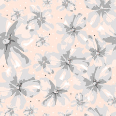Beautiful floral vector seamless pattern. Abstract different size gray and pink flowers on coral background. Softness floral template for design, textile, wallpaper, carton, ceramic tile, card.