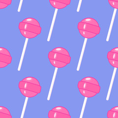 Seamless pattern with pink lollipops isolated on blue background. Cartoon retro style sweet candy vector wallpaper.