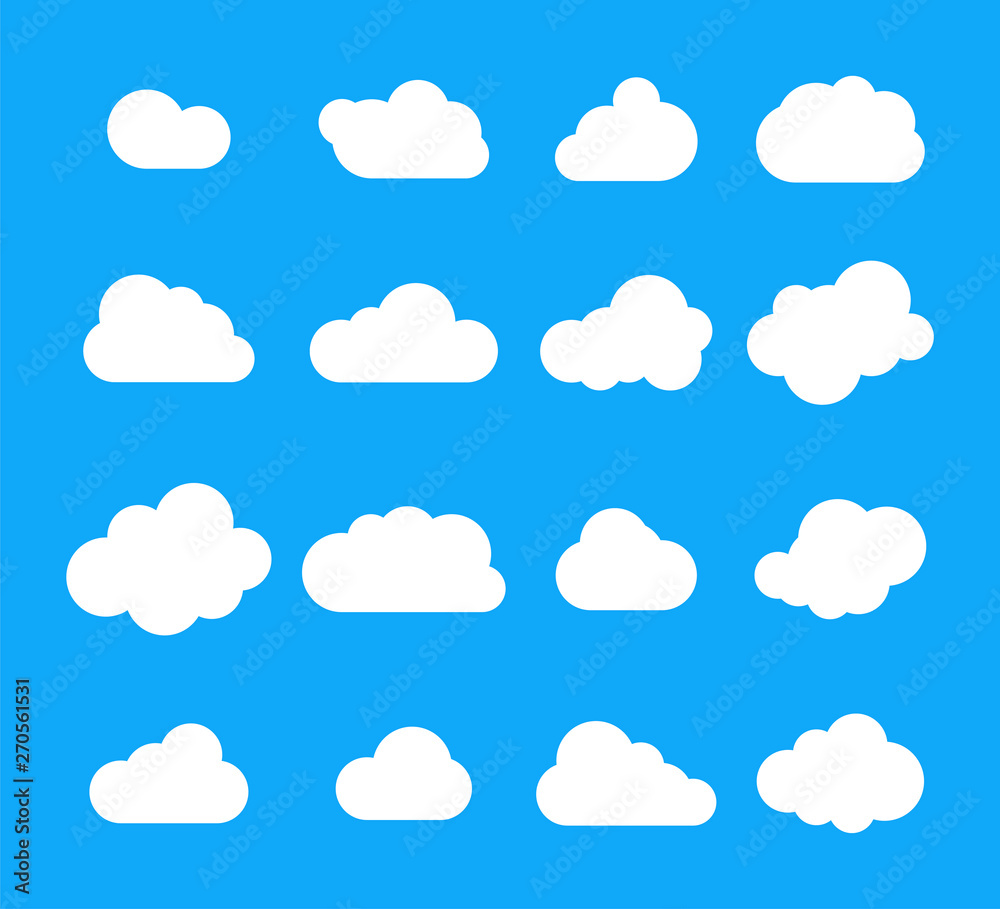 Poster Cloud cartoon. Set of different cartoon clouds. Clouds on a isolated blue background. Vector
