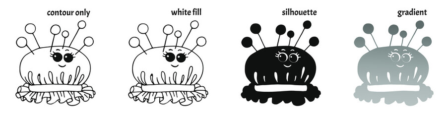 Set of hand drawn cute smiling kawaii needle beds in different versions: contour only, white fill, silhouette, gradient. Isolated logo or label vector illustration