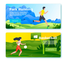 Vector set of bright banner templates with jogging man and basketball playing girl. City, forest, river and mountains on soft background. With place for your text 