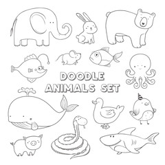 Cute vector cartoon doodle animals. Lovely sketch collection.