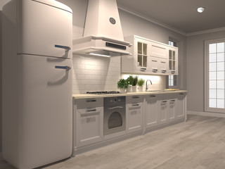 New luxury kitchen white interior residential render  3d illustration