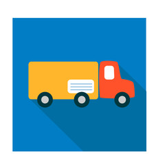 Flat icon in simple style. Mail truck delivers post. A red cab and a yellow body as parcel with tag recipient on a blue background.