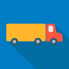 Cargo truck with a red cab and a yellow body on a blue background. Simple style flat icon with long shadow.