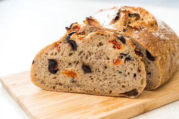 Artisan Bakery Bread with Dried Tomatoes and Black Olive Ready to Eat.