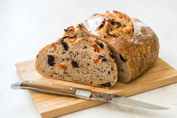 Artisan Bakery Bread with Dried Tomatoes and Black Olive Ready to Eat.