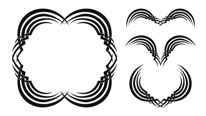Set of four tribal tattoos (with frame and border). Isolated black vector illustration on white background
