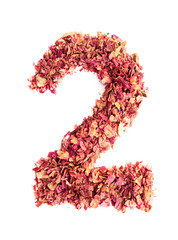 Number 2 two, made of rose petals, isolated on white background. Food typography. Design element.