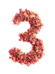 Number 3 three, made of rose petals, isolated on white background. Food typography. Design element.