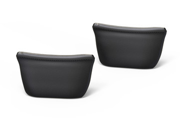 Blank leather pouch for cosmetics mock up on isolated white background, empty linen beautician bag with zip mock up template, 3d illustration