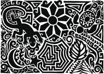 Hand drawn black tattoo pattern in maori style with turtle, sun or flower, leaf, moon, star and lizard on white background. Black isolated decorative backdrop vector illustration - obrazy, fototapety, plakaty