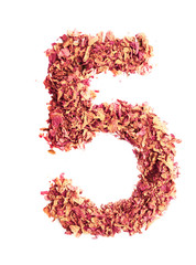 Number 5 five made of rose petals, isolated on white background. Food typography. Design element.
