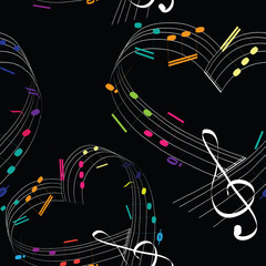 Colorful music notes in the shape of the heart.  Seamless pattern. Vector illustration of hearts with colorful music notes on black background.