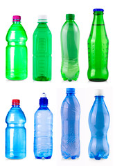 The green and blue  water bottle isolated on white background