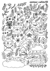 Big set of hand drawn envelopes, flowers, leaves and berries in doodle style. Black isolated cartoon vector illustration with cute elements on white background