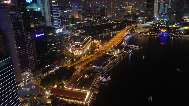 singapore city traffic bay street road night time illuminated aerial topdown panorama 4k 