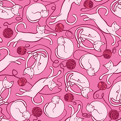 Pink vector pattern with cat and ball of yarn. Perfect for wrapping paper, wallpaper, repeating elements, vintage design, notebook cover, fabric clothes design.