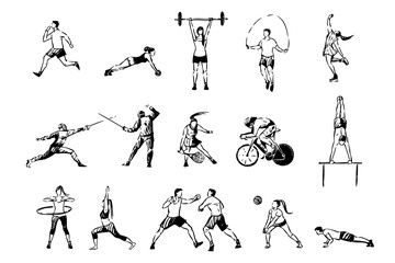 Men and women working out, cycling, professional figure skating, fencing, boxing, tennis game, sport activities set © drawlab19