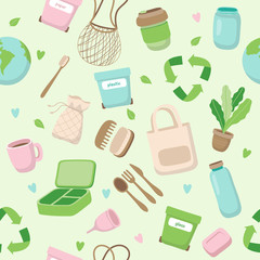 Zero waste concept seamless pattern with different elements. Sustainable lifestyle, ecological concept.