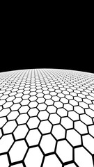 White honeycomb on a dark background. Perspective view on polygon look like honeycomb. Ball, planet, covered with a network, honeycombs, cells. 3D illustration