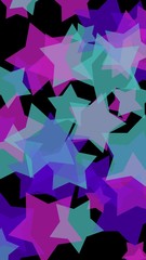 Multicolored translucent stars on a dark background. Vertical image orientation. 3D illustration