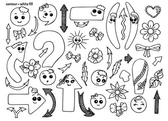 Set of hand drawn cute smiling kawaii punctuation marks, accessories and nature elements in doodle style. Colorless (black contour with white fill) funny cartoon isolated vector illustration
