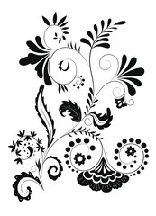 Black floral decorative tattoo pattern with flowers and leaves on white background. Isolated fantasy vector illustration