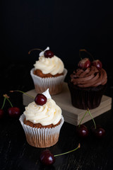 A tasty treat: frosted cupcakes with cherries on top.