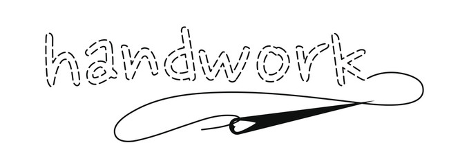 Silhouette of the word Handwork with interrupted contour, seam imitation. Vector illustration with embroidery thread and needle on white background.