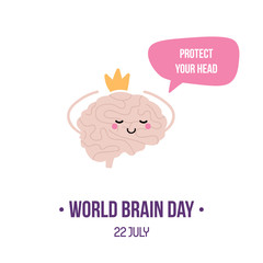 Vector illustration for world brain day with cute cartoon style brain character, giving advice to protect head.