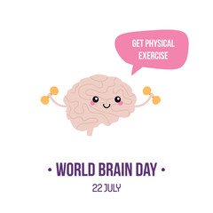Vector illustration for world brain day with cute cartoon style brain character, giving advice to get physical activity, stay fit.