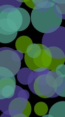 Multicolored translucent circles on a dark background. Green tones. 3D illustration