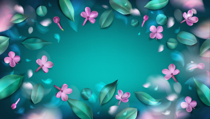 Obraz na płótnie Canvas Green spring background with purple blurred flower petals and leaves vector illustration