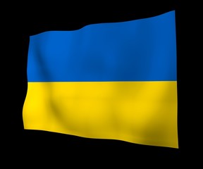 The flag of Ukraine on a dark background. National flag and state ensign. Blue and yellow bicolour. 3D illustration waving flag