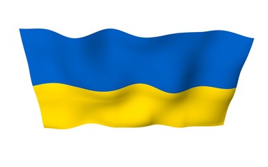 The flag of Ukraine on a white background. National flag and state ensign. Blue and yellow bicolour. 3D illustration waving flag