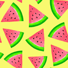 Seamless pattern with juicy watermelon on yellow background.  Watercolor hand drawn illustration. 