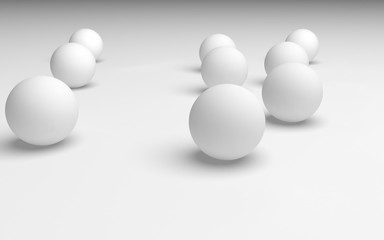 White abstract background. Set of white balls isolated on white backdrop. 3D illustration